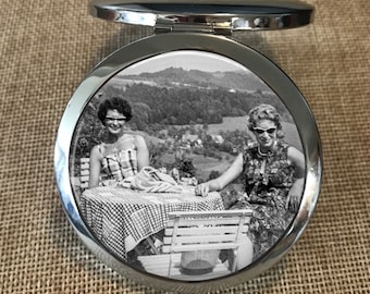 Nostalgic Gift, Your vintage photo on a Compact Mirror with optional engraved HANDWRITING on back, Photo Purse Mirror, actual handwriting