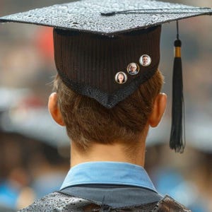 May include: A black graduation cap with a black tassel and three small round photos attached to the top. The photos are of a man, a woman, and a young girl.