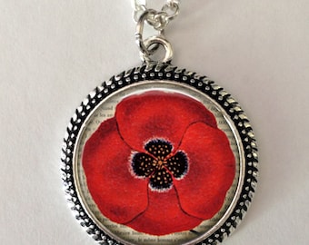 Red Poppy Pendant Necklace, Floral Art Jewelry, 24" Chain