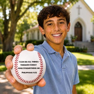 May include: A white baseball with red stitching featuring the black printed text I CAN DO ALL THINGS THROUGH CHRIST WHO STRENGTHENS ME PHILIPPIANS 4:13. The baseball is held in a hand, showcasing the clear lettering and the classic red seam design.