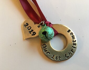 Hand Stamped Couples Christmas Ornament: Rustic Keepsake