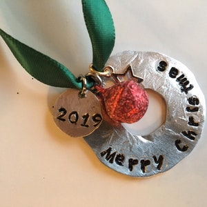 Keepsake Ornaments, Merry Christmas, 2021 Christmas, hand stamped ornament, Metal ornament, hammered metal