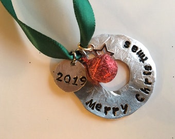 Hand Stamped 2025 Christmas Ornament: Hammered Metal Keepsake