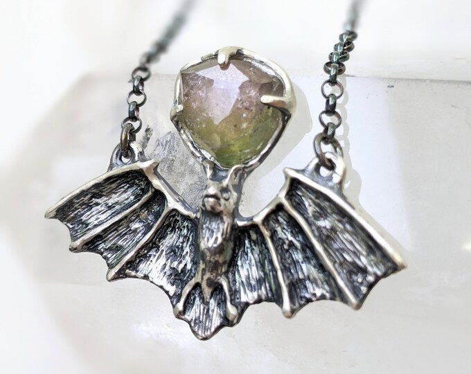Featured listing image: Springtime Bat // watermelon Tourmaline // ready to ship handmade necklace