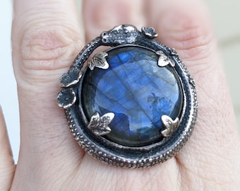 Floral Ouroboros ring with Blue Labradorite, size 8