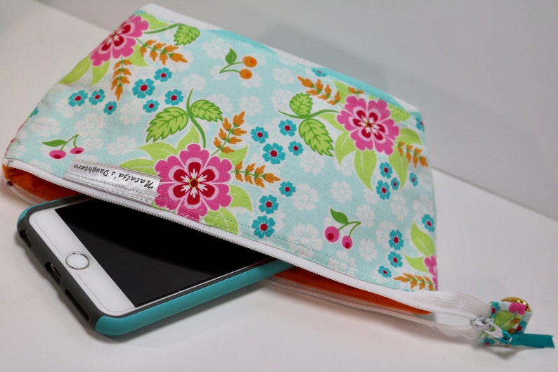 Pink and Green Flowers and Chevrons Medium Zipper Pouch Teal