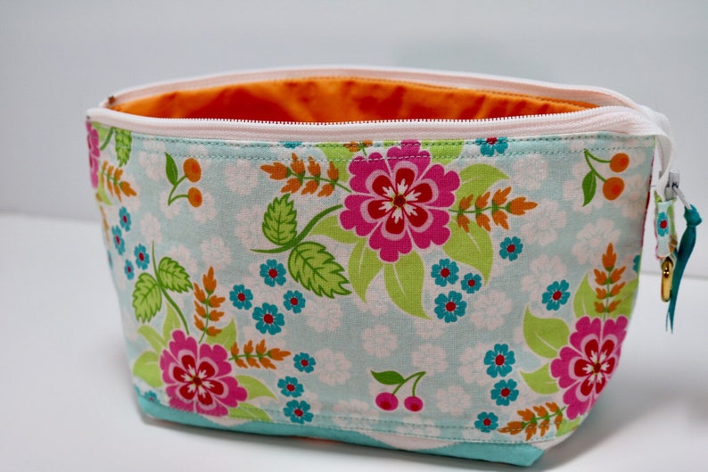 Pink and Green Flowers and Chevrons Medium Zipper Pouch Teal