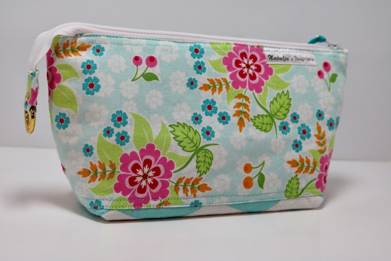 Pink and Green Flowers and Chevrons Medium Zipper Pouch Teal