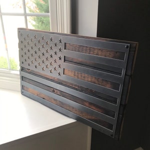 Handmade Reclaimed Wood American Flag Wall Art: Industrial Steel Sign