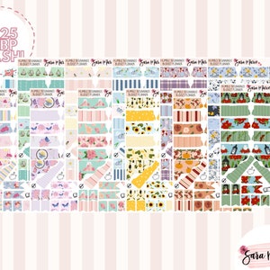 May include: A set of 10 colorful sticker sheets with various designs, including flowers, butterflies, and geometric patterns. The stickers are labeled "Humble Beginnings Budget Planner" and "Sara Marie Stickers".