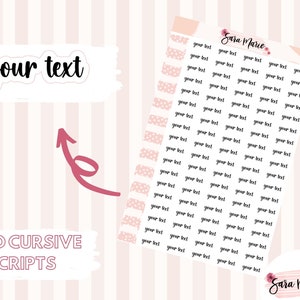 May include: A sheet of stickers with a pink and white polka dot pattern. The stickers feature the text "your text" in a bold cursive font. The text "Sara Marie Stickers" is at the bottom of the sheet.