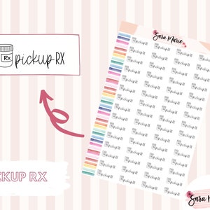 May include: A sheet of colorful stickers with the text "pickup RX" and a small illustration of a pill bottle. The stickers are designed for use in a planner or journal.