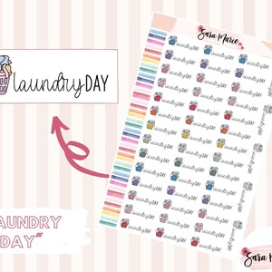 May include: A sheet of colorful stickers with a laundry basket and the text "Laundry Day" repeated multiple times. The stickers are designed for use in a planner or journal.