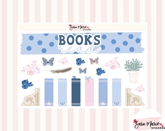 May include: A set of blue and pink book-themed stickers with a banner that says "BOOKS read". The stickers include butterflies, flowers, a feather, a potted plant, and book spines.
