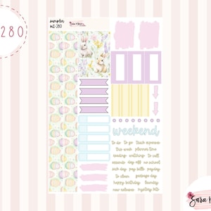 May include: A sheet of planner stickers with an Easter theme. The stickers feature pastel colors, Easter eggs, bunnies, and the word "weekend." Additional text includes a to-do list and other phrases.