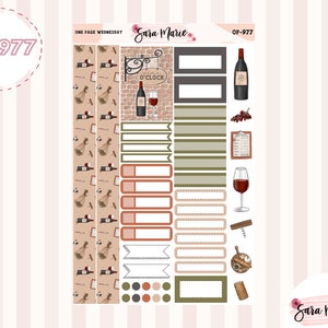 May include: A set of planner stickers with a wine theme. The stickers include a wine bottle, a glass of wine, a corkscrew, grapes, a wine bottle stopper, and a sign that says "O'Clock".