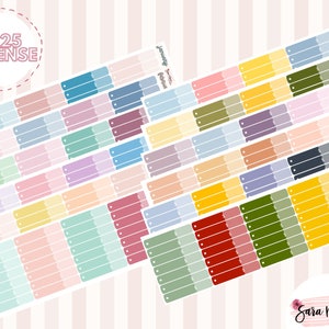 May include: A set of 12 monthly expense tracker stickers for 2025. Each sticker features a different color and a month name in a handwritten font. The stickers are designed for use in a planner or journal.