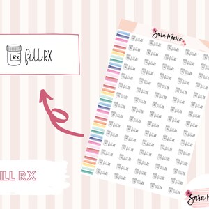 Puede incluir: Una hoja de pegatinas coloridas con un icono de frasco de píldoras y el texto "FILL RX" en cada pegatina. Las pegatinas están dispuestas en filas y columnas sobre un fondo blanco. El texto "Sara Marie Stickers" está en la parte inferior de la hoja.