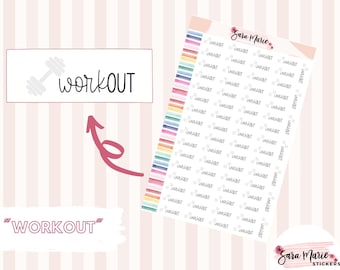 May include: Sticker sheet featuring the word "WORKOUT" in a handwritten style, alongside a dumbbell illustration. The stickers are white with a pale pink backdrop and a colourful striped edge. The brand name "Sara Marie" is also visible.