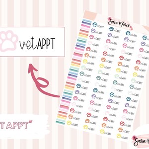 May include: A sheet of colorful paw print stickers with the text "vet APPT" on each sticker. The stickers are arranged in rows and columns on a white background.