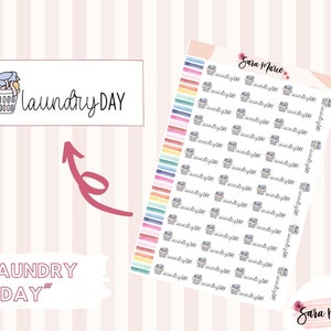 Könnte beinhalten: Eine Bogen mit Aufklebern mit einem Wäschekorb und dem Text "Laundry Day", der mehrmals in schwarzer Schrift wiederholt wird. Die Aufkleber befinden sich auf einem weißen Hintergrund und sind in Reihen angeordnet. Die Aufkleber sind von einem rosa-weiß gestreiften Hintergrund umgeben.