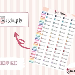 Może przedstawiać: Arkusz kolorowych naklejek z ikoną butelki z pigułkami i tekstem "Pickup RX" powtarzanym wielokrotnie. Naklejki są ułożone w rzędach i kolumnach na białym tle. Tekst "Sara Marie Stickers" pojawia się na dole arkusza.