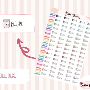 Puede incluir: Una hoja de pegatinas coloridas con un frasco de píldoras con el texto "Fill RX". Las pegatinas están dispuestas en filas y columnas, cada pegatina tiene un color diferente.