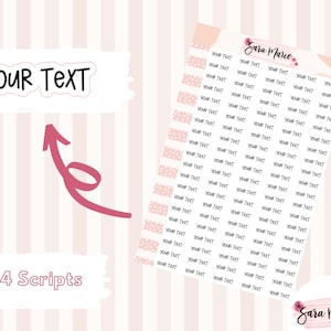 May include: A sheet of stickers with the text "Your Text" and "2024 Scripts" on a pink and white striped background. The stickers are labeled "Your Text" in a handwritten font. The brand name "Sara Marie Stickers" is also visible.