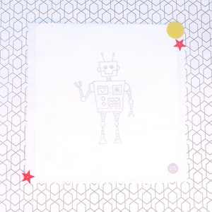 May include: White cotton baby burp cloth with a grey robot design. The robot has a smiling face and is waving. The text "Oak Bella" is in the bottom right corner.