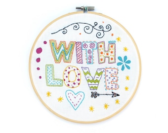 With love embroidery kit, hand embroidery kit, stitch kit, sewing kit, letterbox gifts, decor, needlepoint kit,