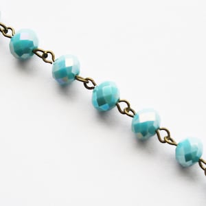 Blue Rondelle Beaded Chain - Beads on Brass Color Links - Rosary Chain - 6x8 mm - 1 Ft - #354 (26)