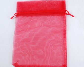 Organza Bags, Rectangle, Red, about 7"LX 5"W. Sheer Drawstring, Jewelry Pouches Wedding Party Favor Bags, Candy Bag, 10Bags
