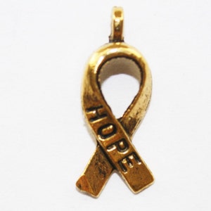 Hope Ribbon Charm, Hope Awareness Ribbon Charms, Ribbon Charms, Antique Gold Finish, Gold Ribbon, Bracelet Charm - 25 pcs - 19x7mm - #405