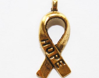Hope Ribbon Charm, Hope Awareness Ribbon Charms, Ribbon Charms, Antique Gold Finish, Gold Ribbon, Bracelet Charm - 25 pcs - 19x7mm - #405