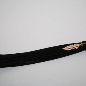 Leather Tassels, Black Leather Tassels Charms Pendant With A Gold Feather -2ct - 5 inchs Long - #603