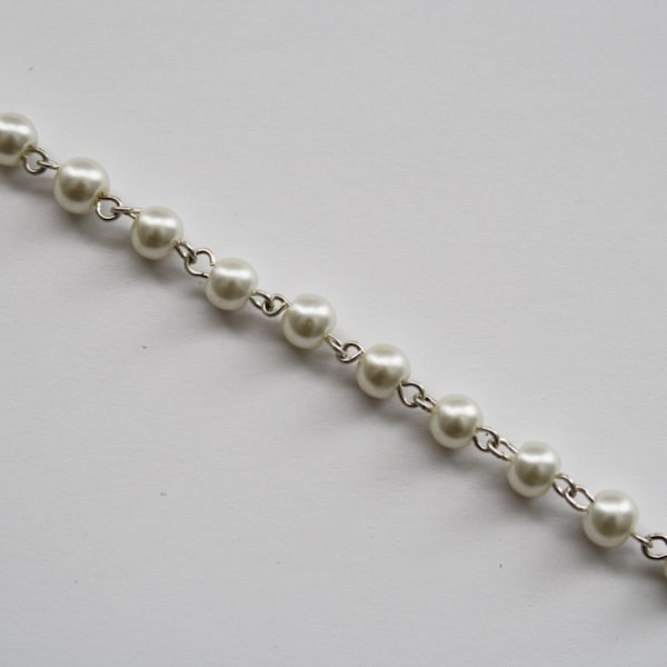 Rosary Chain, White Round Beaded Chain, White Beads on Silver Links, White Rosary - 6mm - 1 Foot - #508(31)