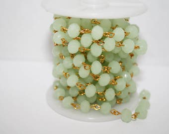 Light Green Rondelle Beaded Chain - Beads on Gold Color Links - Rosary Chain - 6x8 mm - 1 Ft - #656(26)
