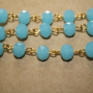 Blue Rondelle Beaded Chain - Beads on Gold Color Links - Rosary Chain - 6x8 mm - 1 Ft - #487(26)