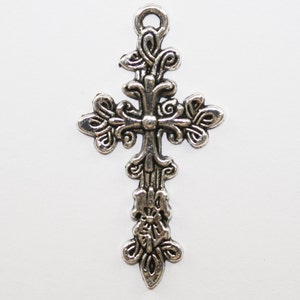 Cross Pendant, Silver Cross, Antique Silver Cross,  Cross Charm, Necklace Charms,  47x25mm - 10ct - #387