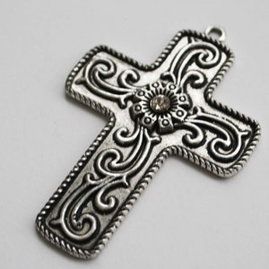 Silver Cross, Large Silver Cross Pendant, Cross Charms, Cross Pendant, Rhinestone Cross 60x45mm - 2ct - #517