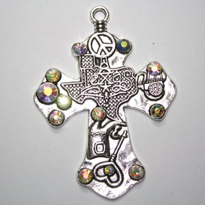 Cross Pendant Large Silver Western With Rhinestones State Of Texas, Boots, Peace Symbol - 80x60 mm - 1ct - #190