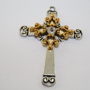 Large Antique Silver With Gold Cross Pendant With Center Rhinestone 48x72mm - 2ct - #379