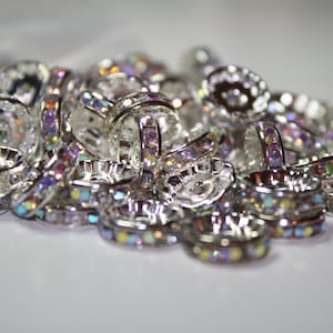 Rondelle Clear Spacer Silver Tone AB Rhinestone Bead - 12mm - 50ct - #203