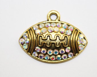 Football Charms , AB Rhinestone Football, Gold Tone Football Charm Pendants - 25x18mm - 5ct -#543