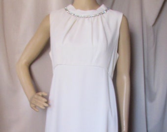 Long Evening Gown Winter White Crepe Grecian Style Rhinestone Accents Size Medium Vintage Fashions Cocktail Wear Ladies Clothing