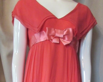 Evening Gown Coral Color Flowing Chiffon Empire Waist Cape Collar Summer After 5 Spring Special Event V Neckline