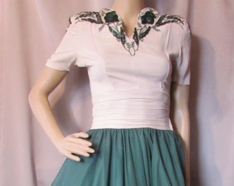 Evening Gown 1940 Era Green Sequins Green Taffeta Skirt Cream Crepe Bodice Full Skirt Vintage Fashions Dance Dress