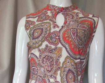 Long Gown Summer Fashions Orange Paisley Green Plum Gold Keyhole Neckline Polyester Knit Vintage Clothing
