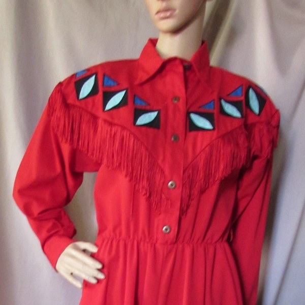 Vintage Dress Western Style Western Collection Cherry Red Fringed Yoke Fringed Hem Geometric Design Yoke Long Sleeves 1990 Era