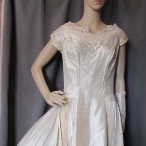Mid Century Wedding Gown Tea Length Ivory Tone Lace Edging Shantung Like Side Accordion Pleats Veiled Hat Miriam Originals Vintage Fashions